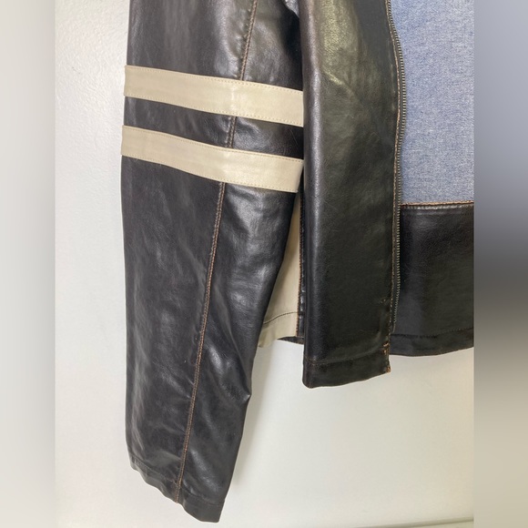 Vintage Men’s Brown Bomber Jacket w Cream Sides and Stripes on Sleeves, Large - Picture 9 of 15